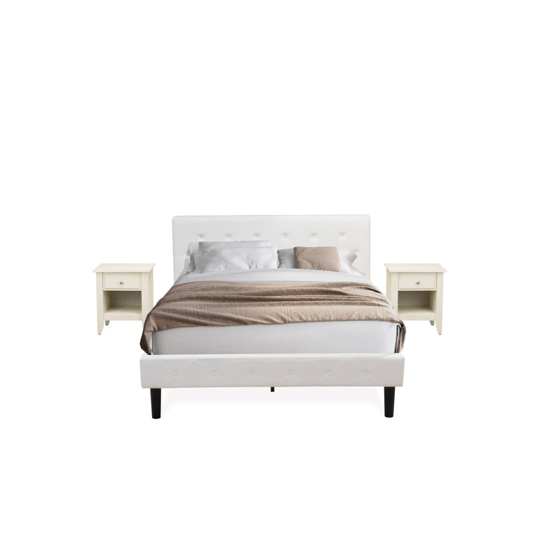 Ensemble de lit pour grand lit 3 pièces - Base de lit capitonnée à boutons - Tête de lit tapissier en tissu de velours blanc lin et table de chevet au fini crème au beurre brossé