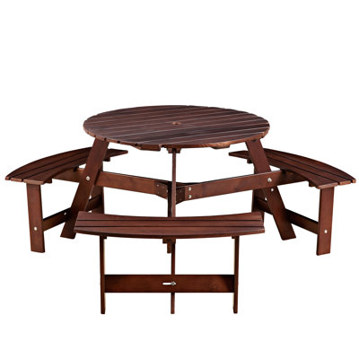 Outdoor 6 Person Dining - 3 Built-In Benches Umbrella Hole Waterproof Brown Furniture Picnic Table With Hole, Weather , For Patio