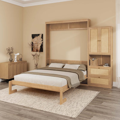 Lit en bois massif avec armoire escamotable en rotin Lit compact avec 1 tablette de rangement latérale, parfaite pour la chambre d'amis, pour la chambre à coucher, la chambre d'amis, le bureau personnel
