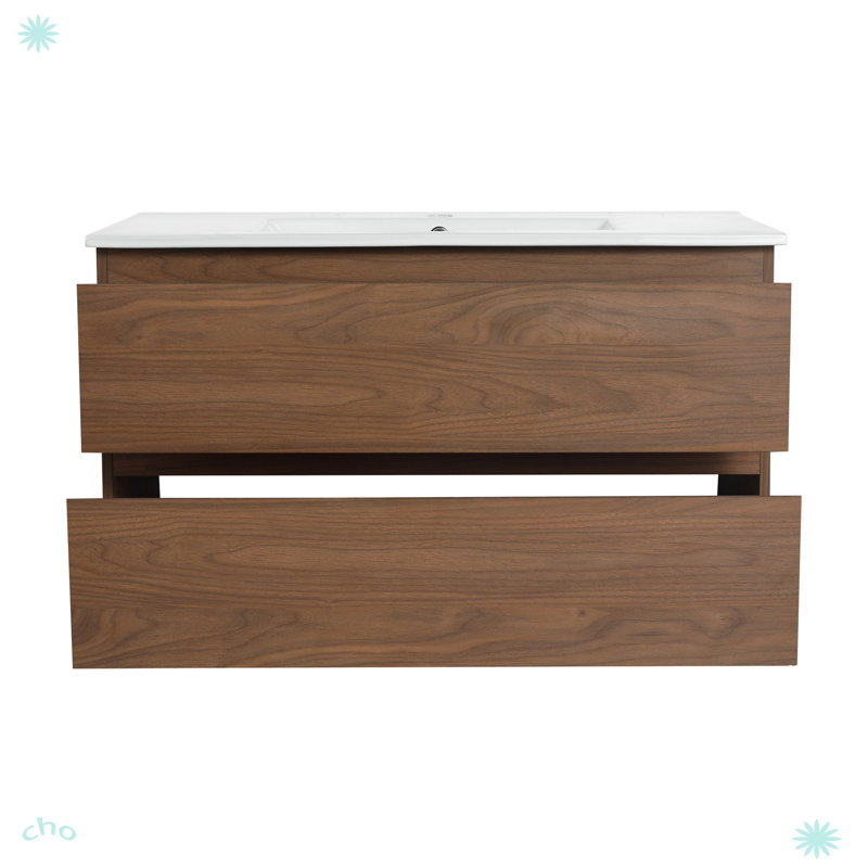 Meuble-lavabo mural 36 po avec lavabo en céramique, Chêne brun