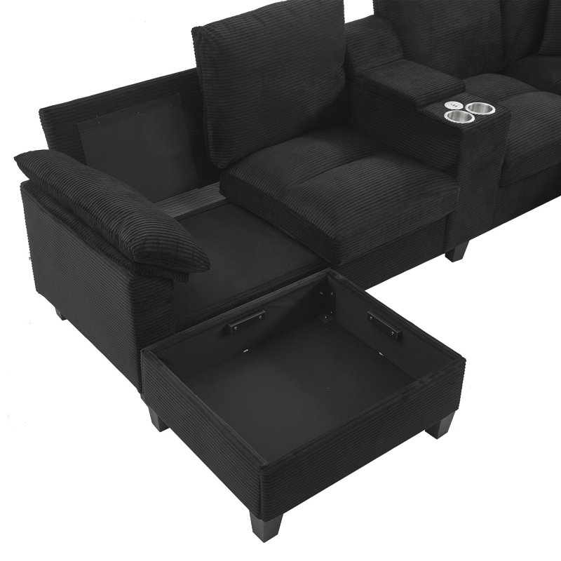 Canapé modulaire rembourré en velours côtelé de 116,9 po Modern Ushaped, Velours côtelé noir