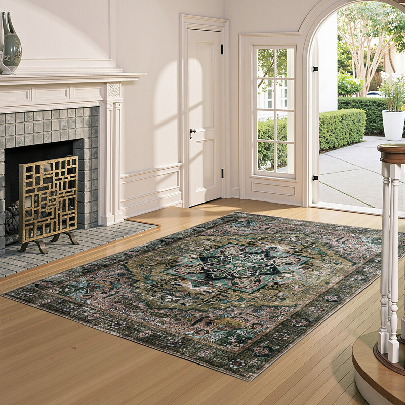 Persian-Style Machine Washable Area Rug with Non-Slip Backing – Green Floral, Rectangle 8' x 10'