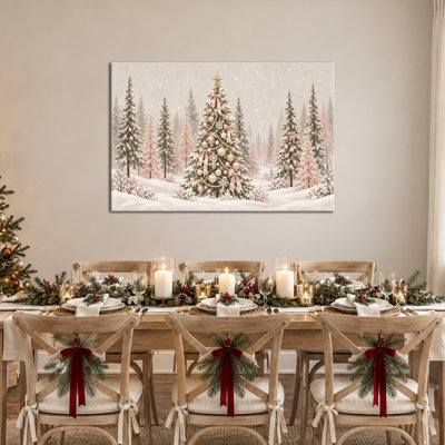 Décoration murale de Noël rose, tableau de Noël, toile murale de Noël avec sapin festif, toile tendue sur châssis entoilée rose pâle pour les fêtes, œuvre d'art de Noël rose pour le salon ou l'entrée, 50 x 75 cm