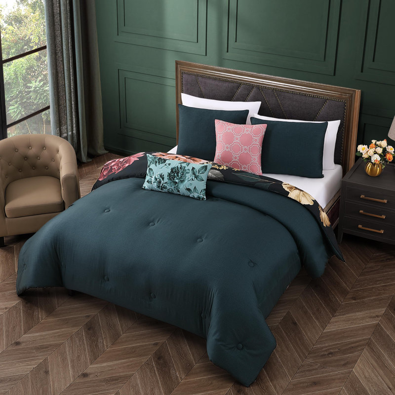 King Black Cotton Reversible Comforter Set with Floral Design