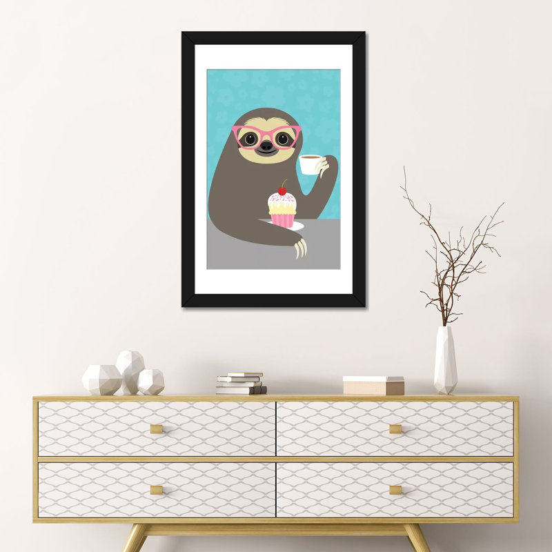 «Diva Sloth», reproduction sur toile tendue, H 24 po x l 16 po x P 1 po, Papier beaux-arts encadré noir, Blanc