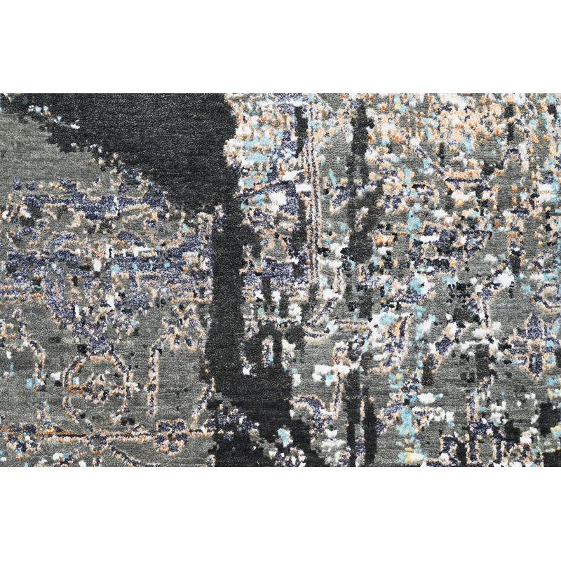 Tapis gris / noir noué à la main, Rectangle 9 pi x 12 pi