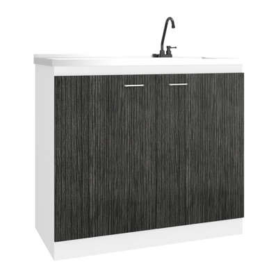 Évier utilitaire blanc gris avec robinet en plastique intégré et comptoir intégré en acier inoxydable, poignées de meuble autoportantes en métal pour le garage de bureau Espaces de travail de cuisine Espaces résidentiels