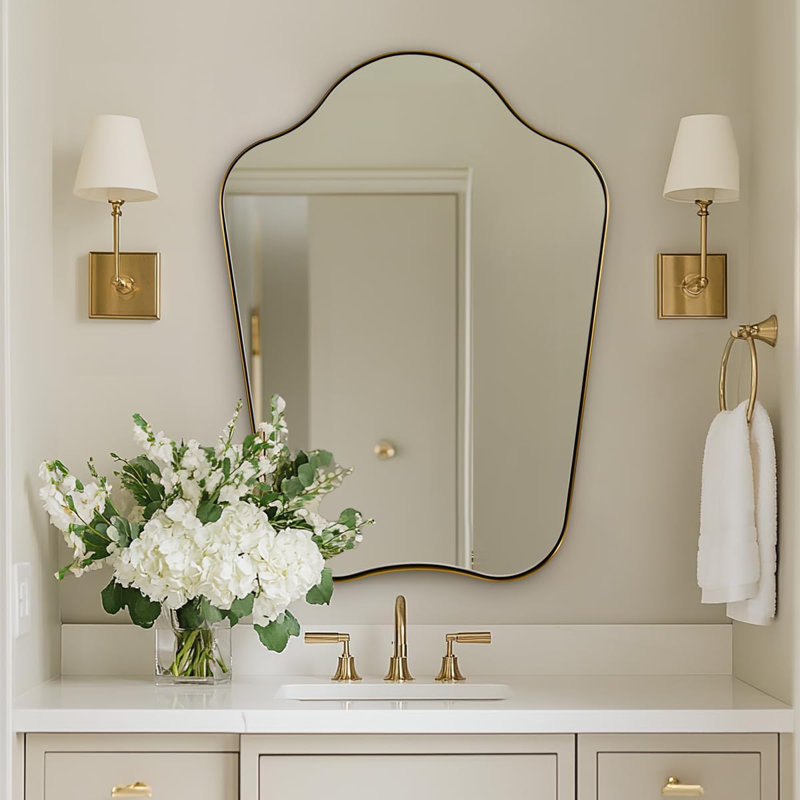 Miroir de salle de bain Contemporary Cadre en acier inoxydable, 32 po x 24 po, Or brossé