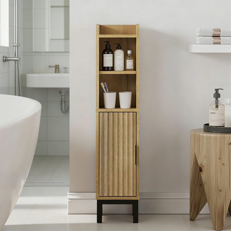 Oak Corner Toilet Paper Storage Cabinet With Adjustable Shelves, Oak/Black