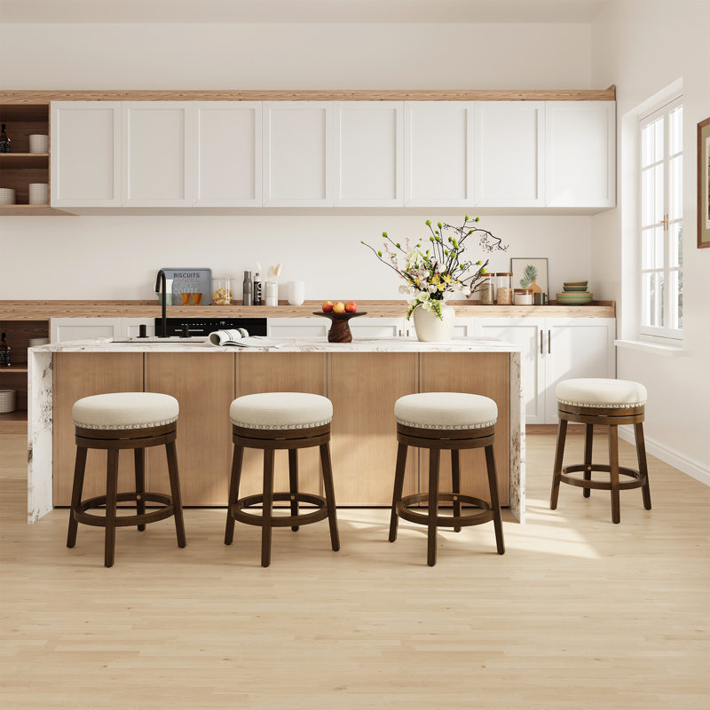 Tabouret de bar rembourré pivotant en bois massif, Beige
