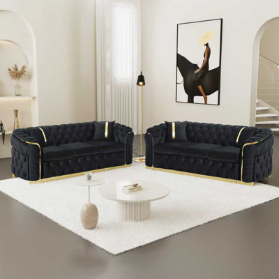 2PCS 90.6 Inches Velvet Button Tufted Sofa Couch With 2 Pillows, 3 Seater Luxury Chesterfield Sofa Set With Gold Stainless Steel Accents For Living Room, 280G Italian Velvet Black
