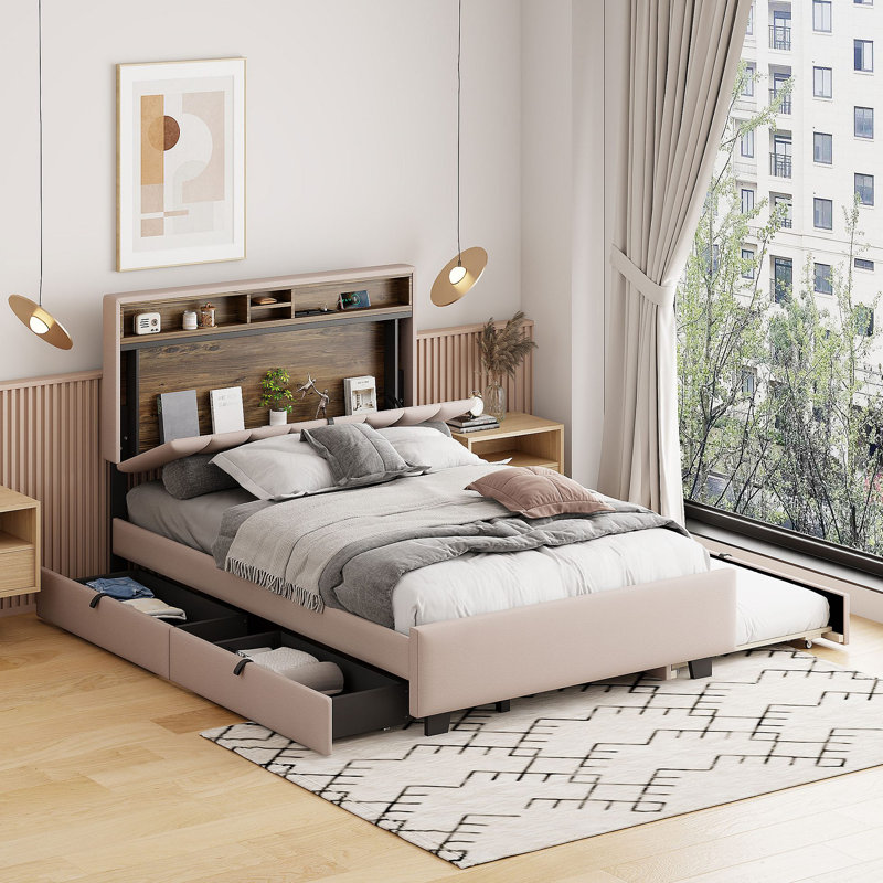 Lit plateforme tapissier avec lit gigogne avec tête de lit et 2 tiroirs, ensemble de prises et ports USB, Beige