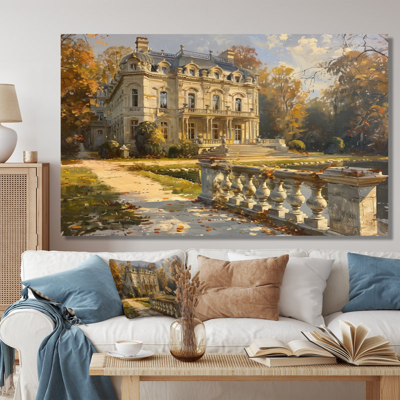 Art mural de salon Renaissance jaune et beige en chateau de France IV, Toile tendue, H 30 po x l 40 po