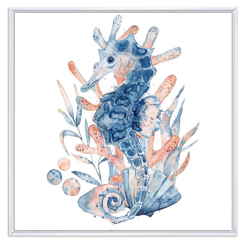 22_Hippocampe en bleu avec composition florale - impression sur toile nautique et côtière, H 30 po x l 30 po x P 1 po