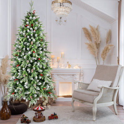 Arbre de Noël artificiel illuminé 6 pi avec 380 lumières DEL blanc chaud, 1264 pointes, verdure givrée avec baies rouges et pommes de pin naturelles, arbre de Noël complet avec support en métal robuste pour la décoration intérieure