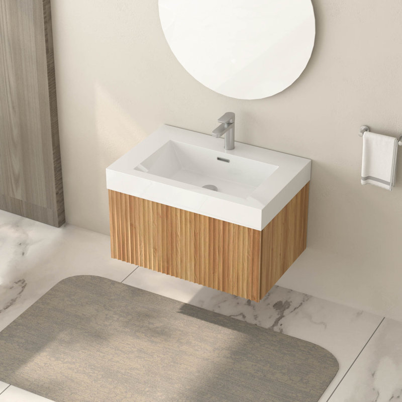 Meuble-lavabo mural de 30 po avec lavabo, armoire de salle de bain flottante murale avec finition en contreplaqué intégré de conception minimaliste moderne pour salle de bain compacte couleur acacia