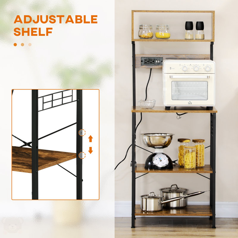 Rustic Brown Adjustable Kitchen Baker's Rack with Power Outlet