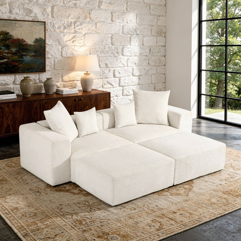 4-Piece Upholstered Beige Corduroy Modular Sectional Sofa with Movable Ottoman – Fully Compressed, No Assembly Required