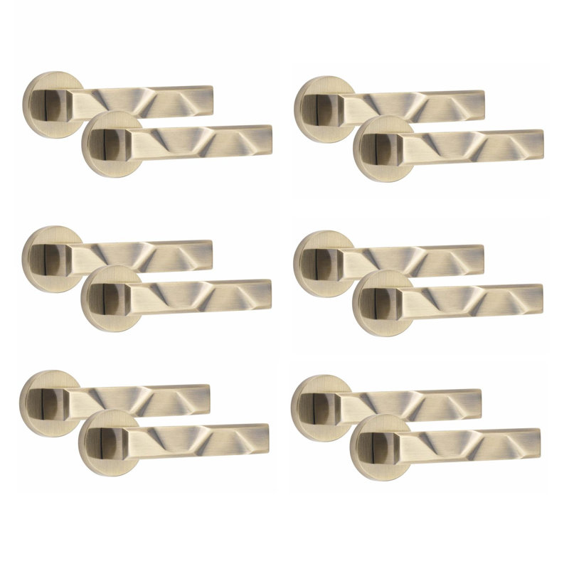  6 Pairs Modern Nova Design Premium Door Handles on Round Rose in Antique Brass Finish
