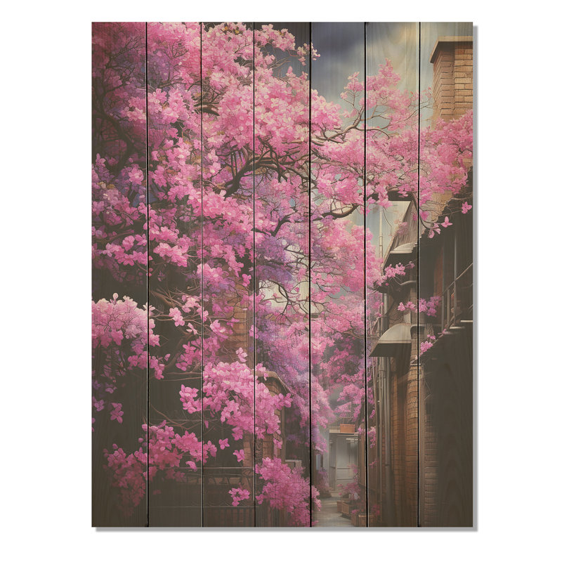 Rose konini fuchsia II - Fuschia sur bois, H 20 po x l 10 po