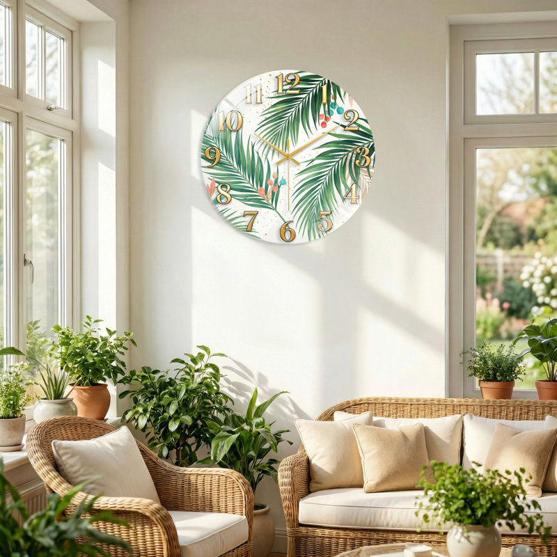 "Tropical Leaves", horloge murale en verre, 60 x 60 cm (23,6 x 23,6 pouces)
