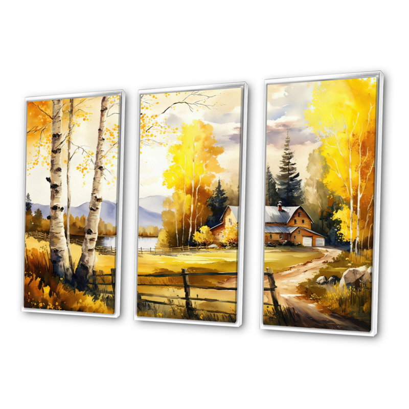 Yellow Barn In Spring III - Farmhouse Wall Art, ensemble d'art mural, H 28 po x l 36 po x P 1 po, Cadre blanc