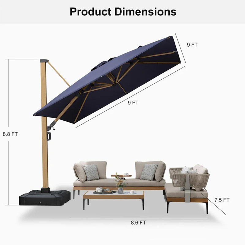 Parasol de patio en porte-à-faux 9 x 9 pi MEB Arlmont & Co. Palace, base incluse, Bleu marine