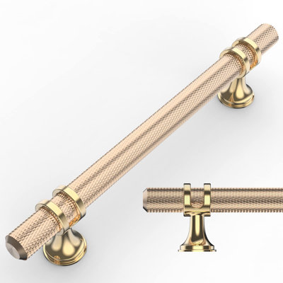 10 Pack Knurled Gold Cabinet Pulls 5 Inch Hole Center Brushed Brass Kitchen Cabinet Handles For Drawer Dresser, Cupboard And Wardrobe