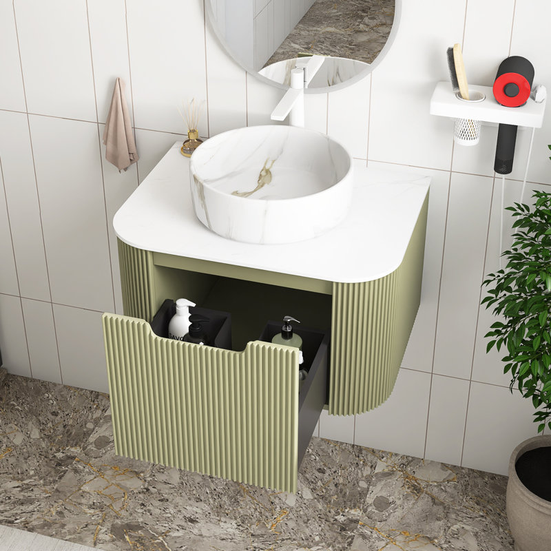 Meuble-lavabo mural avec plateau et tiroir, Vert, Marbre, 24"