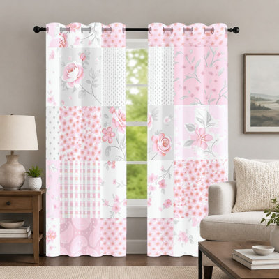 Rideaux de patchwork floraux (lot de 2), style champêtre romantique, imprimés de roses douces et de carreaux, à œillets, pour la décoration de la chambre et du salon.
