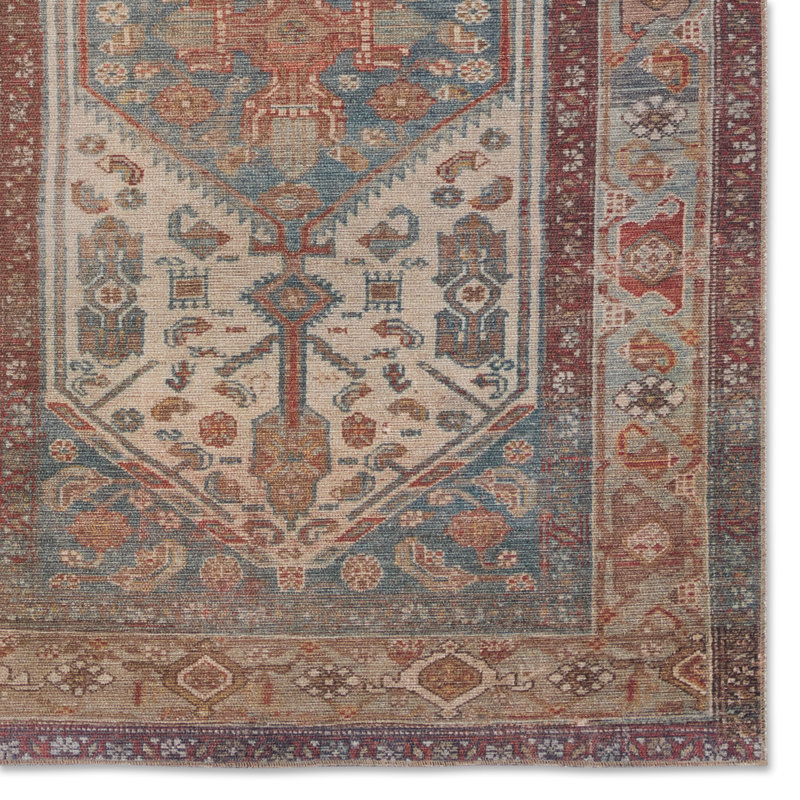 Tapis oriental tissé à la machine en polyester crème / bleu / rouge, Tapis de couloir 2 pi x 6 pi