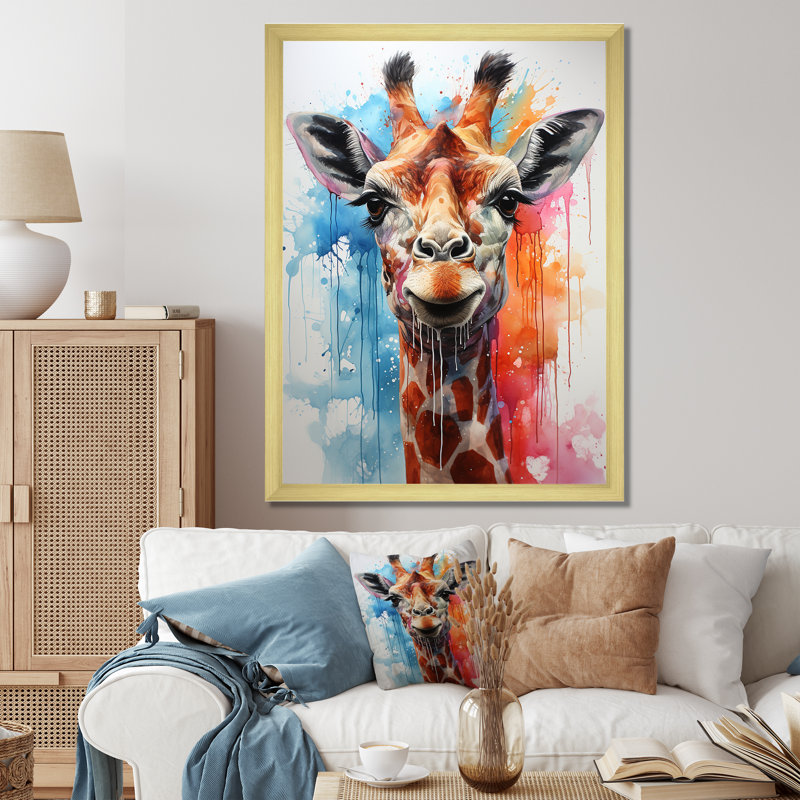 Popart, girafe, art mural, Cadre doré simple, H 44 po x l 34 po x P 1,5 po
