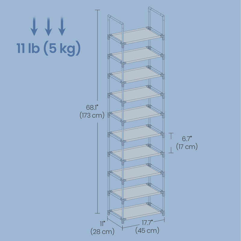 20 Pair  10 Tier Shoe Rack, Black, 68" H x 17.7" W x 11" D