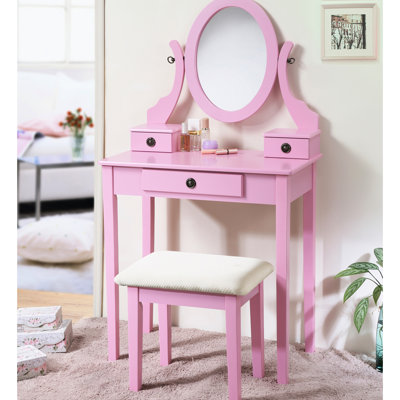 Meuble-lavabo rose - rangement à 3 tiroirs, miroir ovale réglable, finition en bois, tiroirs de rangement de table modernes, bois rotatif, regard
