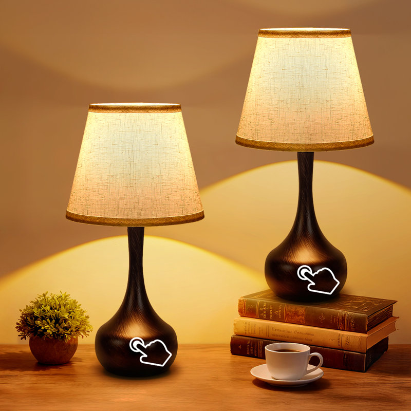 Farmhouse 3-Way Dimmable Touch Bedside Lamp Set, Elegant Fabric Shade For Nightstands And Desks, Perfect For Reading And Decor
