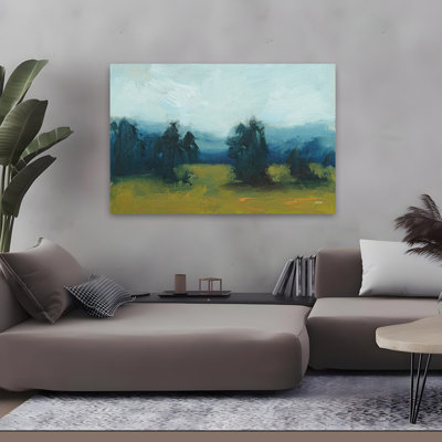 Art noir et bleu avec champs et montagnes