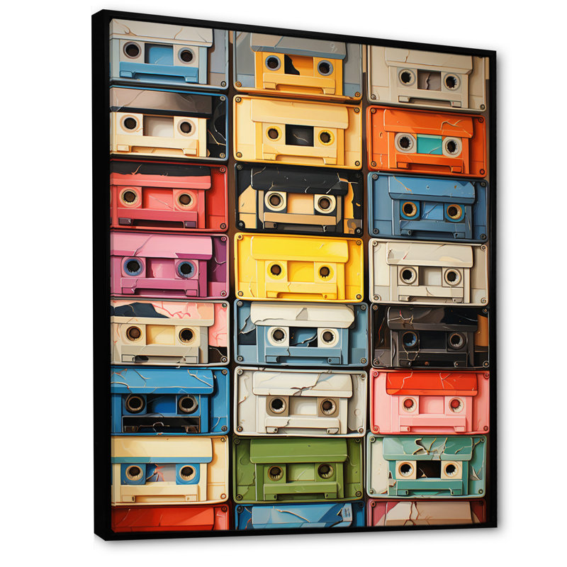 Art mural rétro sur toile, Pop Art Cassette, Popart Cassette Tapes X, H 44 po x l 34 po x P 1,5 po, Cadre flottant noir