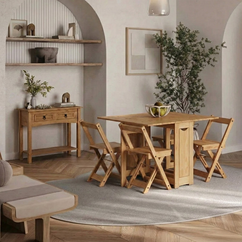 Farmhouse Space-saving Dining & Entryway Furniture Set With Drop Leaf Table, 4 Folding Chairs & Console Table