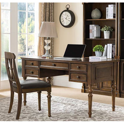 Bureau vintage en bois massif, 5 tiroirs et poignées en alliage de zinc