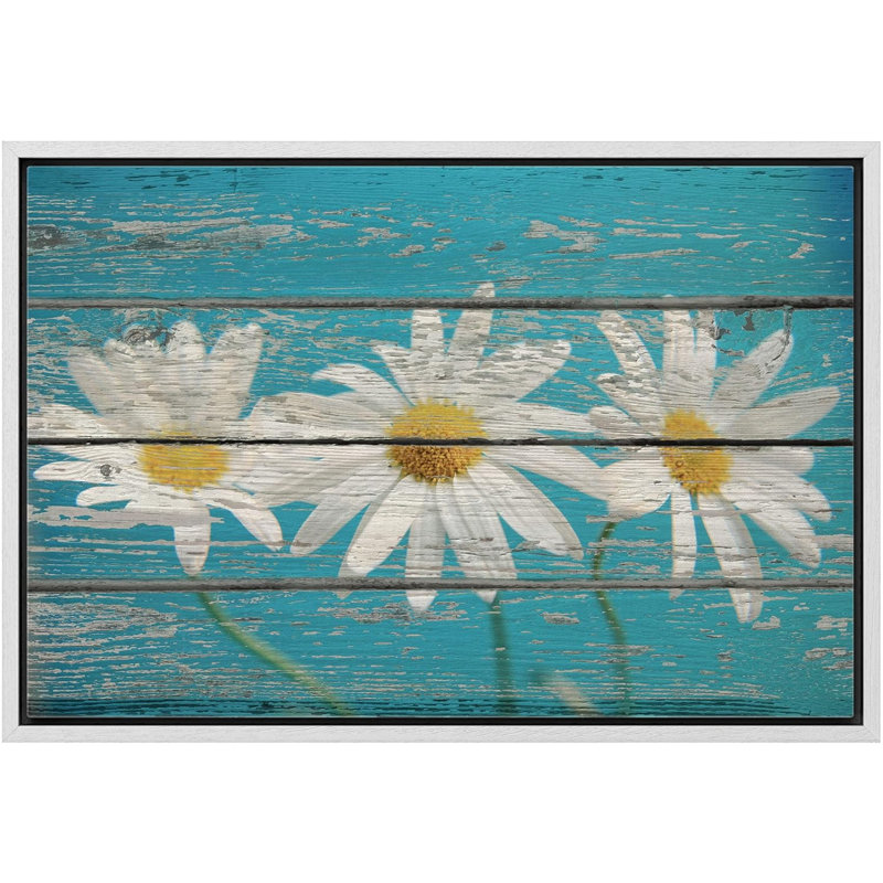 Art rétro sur toile effet fleurs de marguerite rétro sur fond en bois, Cadre flottant blanc, H 16 po x l 24 po x 1,5 po