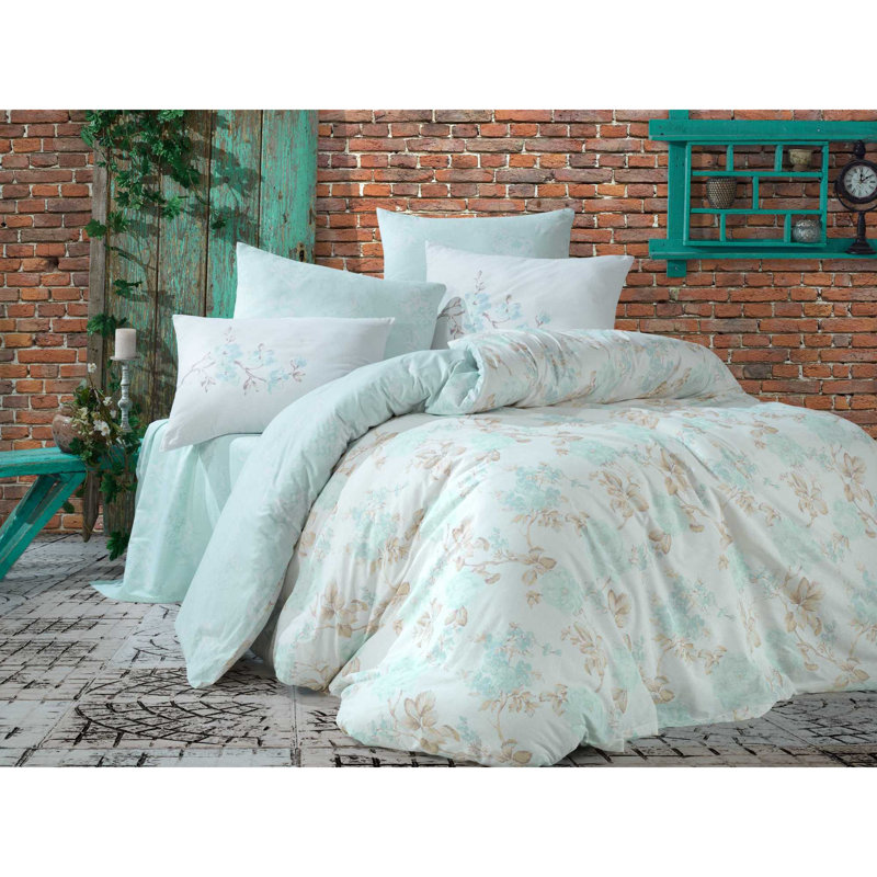 Ensemble de housse de couette double Luxury Ranforce, 100% coton, vert, blanc et beige | Housse de couette 78,7 po x 86,6 po, drap plat 94,5 po x 102,4 po, 2 taies d'oreiller 19,7 po x 27,6 po | Lavable à la machine, conception élégante avec fermeture à boutons