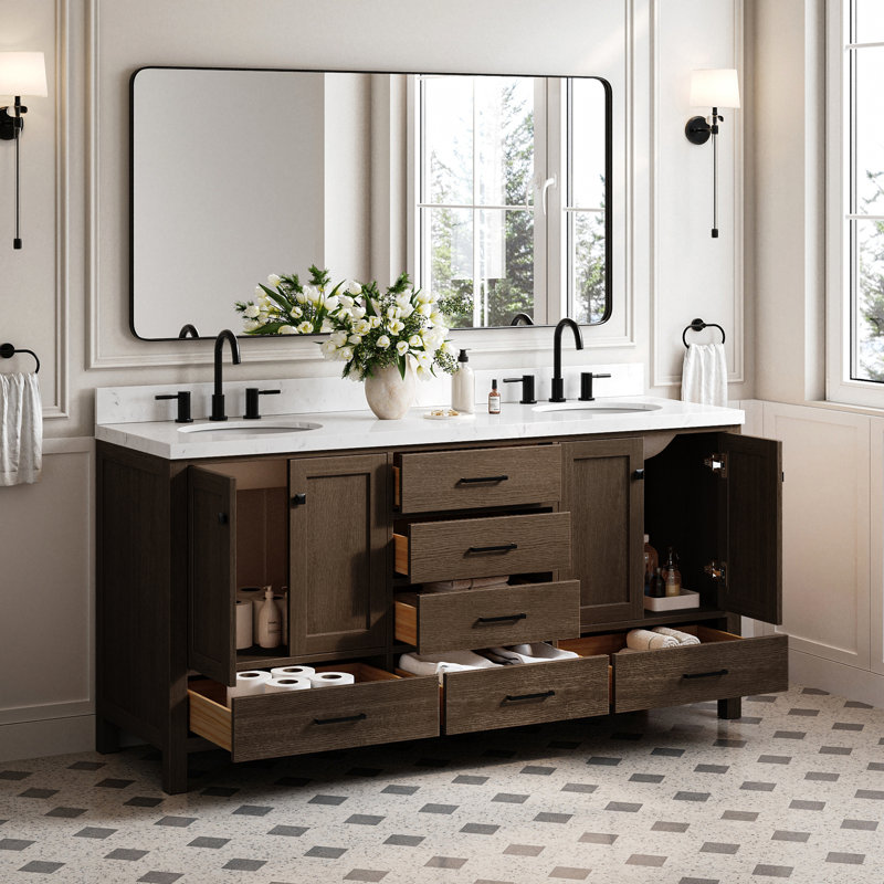 Amariani 72.25'' Double Bathroom Vanity with Top, Brown Oak