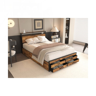 Bed Frame with 8 Storage Drawers, LED Headboard with Charging Station, Metal Platform Bed Frame, No Box Spring Needed, Noise-Free, Stable and Solid, B by Ivy Bronx