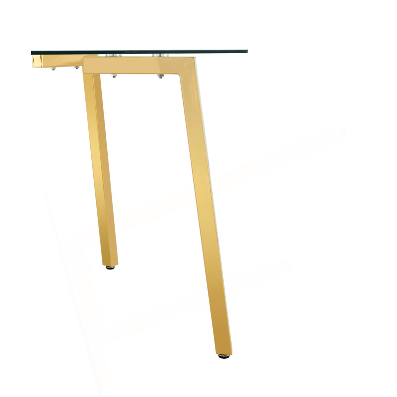 Table de salle à manger rectangulaire moderne en verre de 130 x 80 x 75 cm, avec pieds trempés et dorés transparents, convenant parfaitement aux petits espaces. Table de salle à manger de 130 x 80 x 75 cm