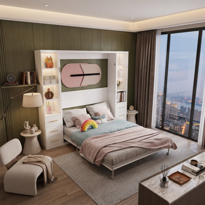 Hampton Space-Saving Murphy Bed with Desk & Side Cabinets, Foldable Wall Bed for Home Office, Study Room