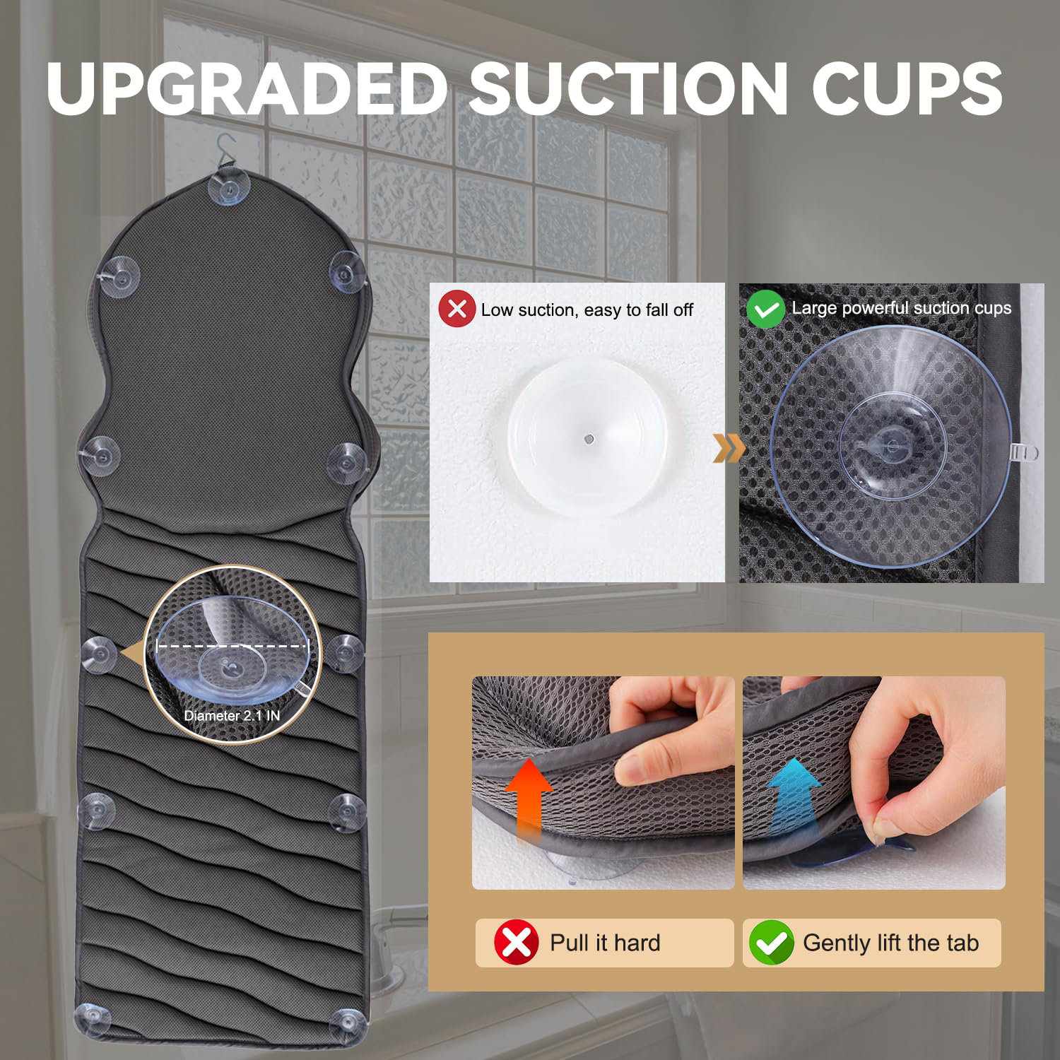 Luxury Bath Cushion, Full Body Bathtub Pillow With 160 Suction Cups, Bath Mat For Head And Neck Support, With Laundry Bag (White, 60" X 16