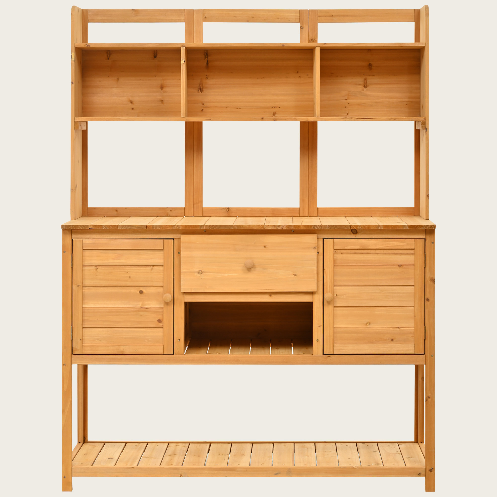 TANGZON Solid Fir Wood Garden Potting Table - With Trellis, Drawer & Shelves - Planting Workstation For Balcony-612502