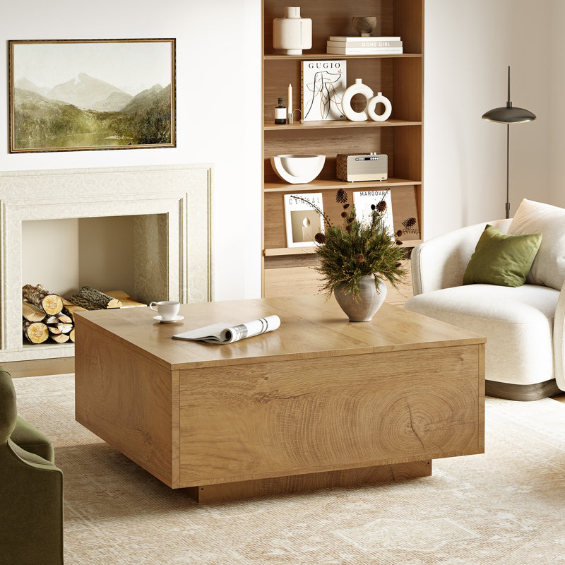 Lift Top Block Coffee Table with Storage, Natural Burl