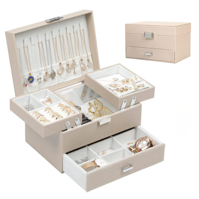 Jewelry Box Organizer, Jewelry Boxes For Women Girls, 3 Layers Jewelry Gift Box For Christmas, Valentine's Day, Birthday, Mother's Day (Champagne)