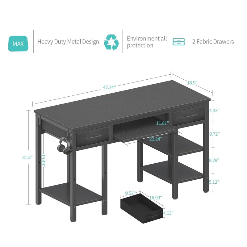 Computer Desk With Keyboard Tray, Computer Desks With Fabric Drawers & Storage Shelves For Home, Office